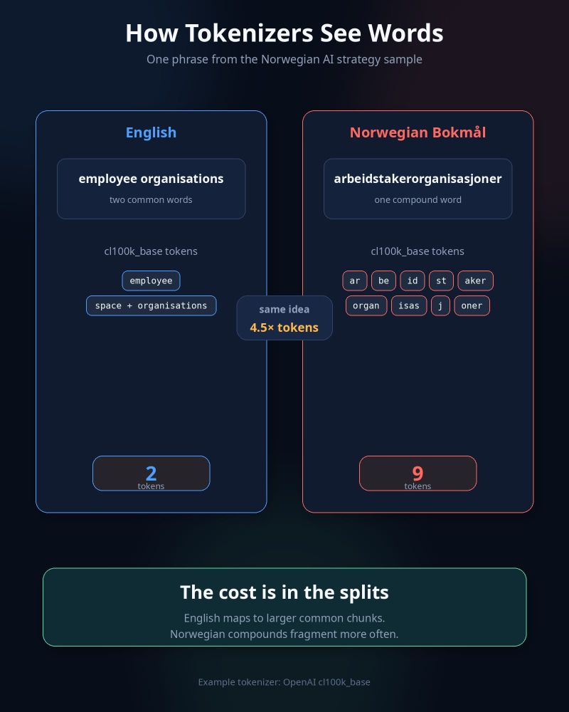 Side-by-side tokenizer comparison showing an English phrase uses 2 tokens while a Norwegian compound uses 9.